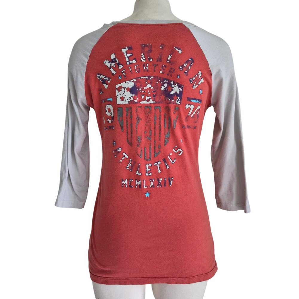 American Fighter Baseball Style Raglan 3/4 Sleeve Tee Orange Grey Graphic S - Picture 2 of 12